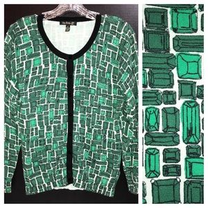 Top Knits cardigan sweater, illustrations of green jewels (emeralds) all over